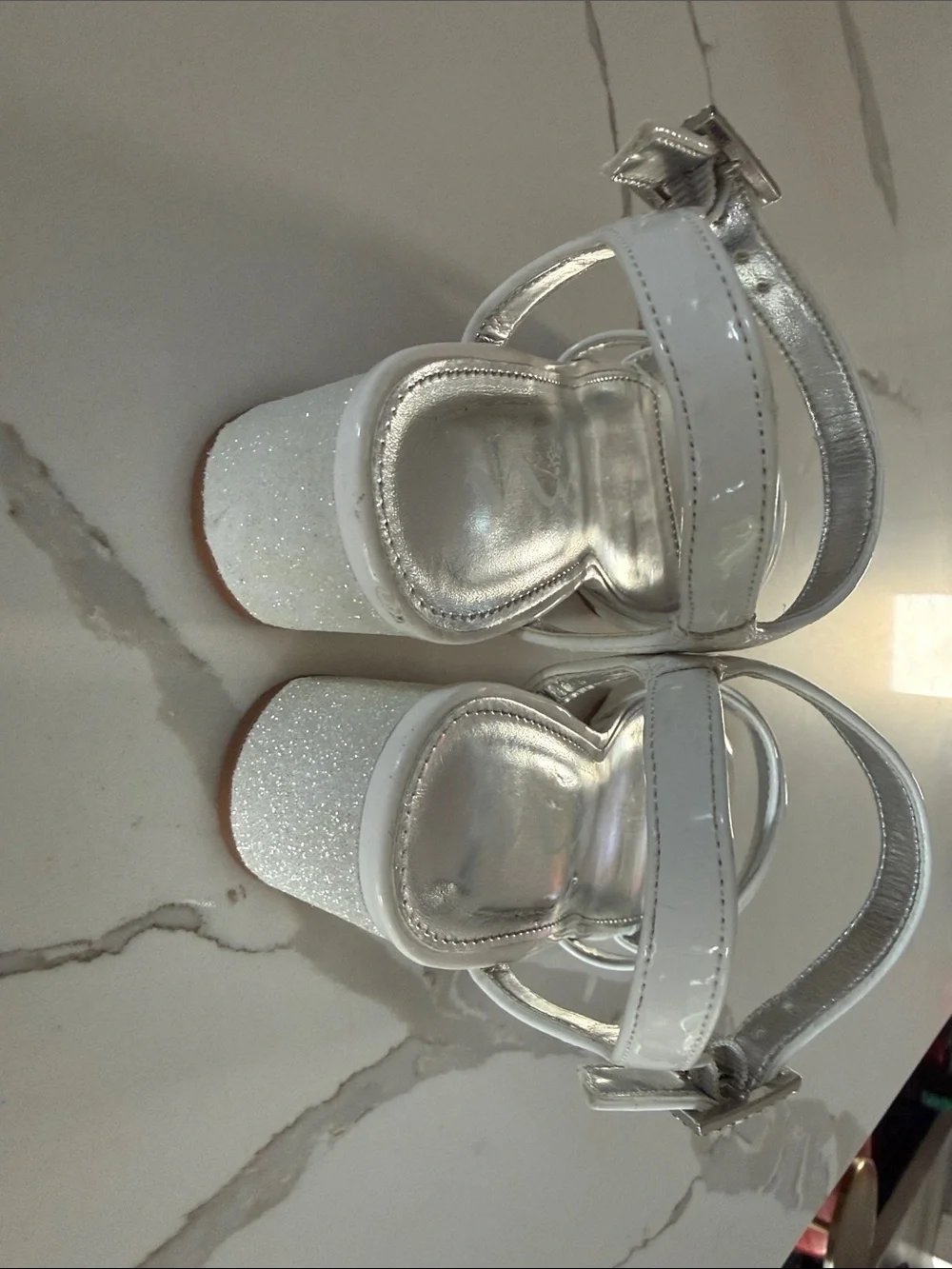 Girls Size 2 Nina White Patent Sandals with Glitter Block Heel